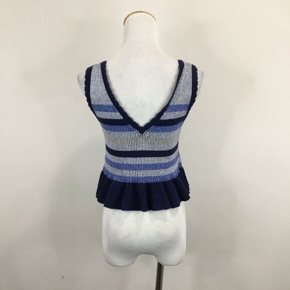 BCBGENERATION Striped Ribbed Stretch Knit Peplum Ruffle Hem V Neck Sweater Top - Picture 9 of 10